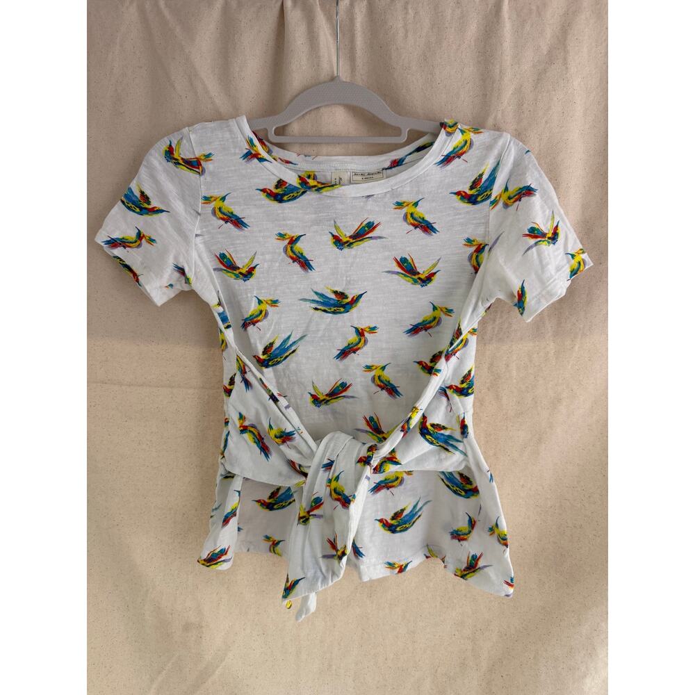 Meadow Rue Anthropologie Top Hummingbird Print Wrap Tie Tee Cotton Womens XS